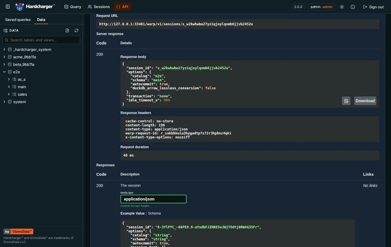The API page in its dark theme: Try it out on Read a session, with the server’s answer