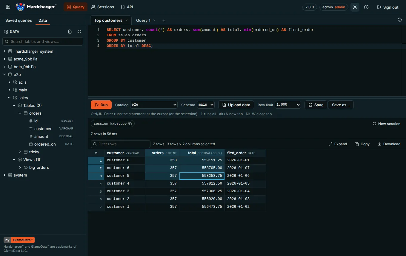 The web UI in its dark theme: the schema browser, two editor tabs, and a result with a selection
