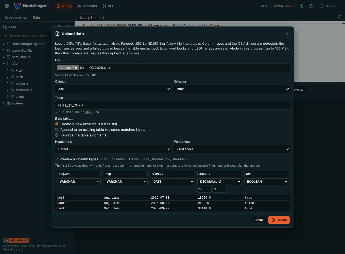 Upload data in the dark theme: an Excel workbook’s columns and first rows, with their types